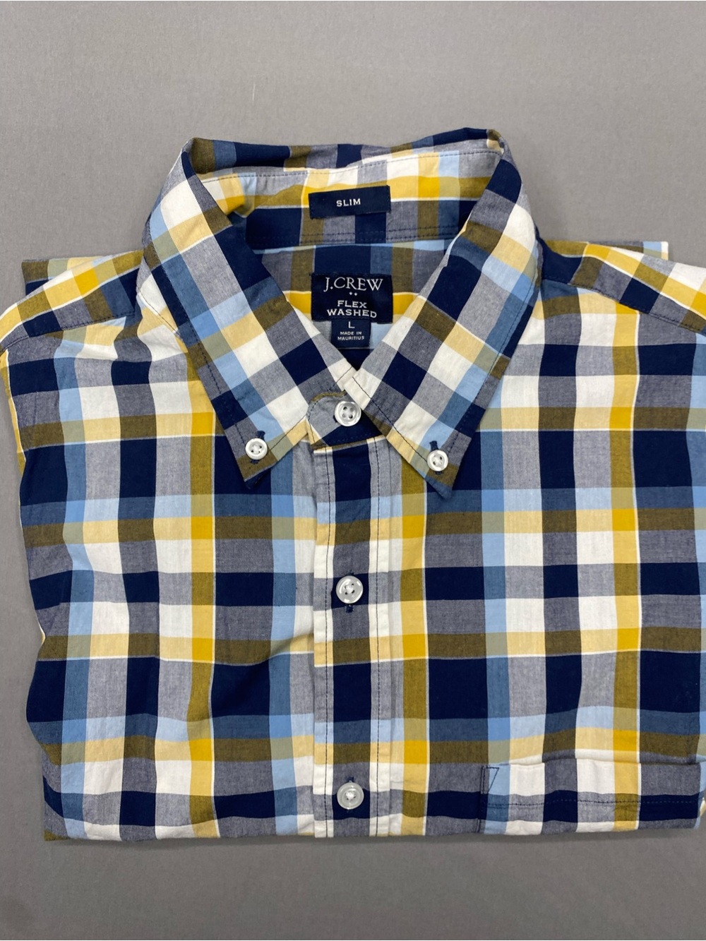 J. Crew Slim Fit Flex Washed Yellow & Navy Plaid Button-Down Shirt